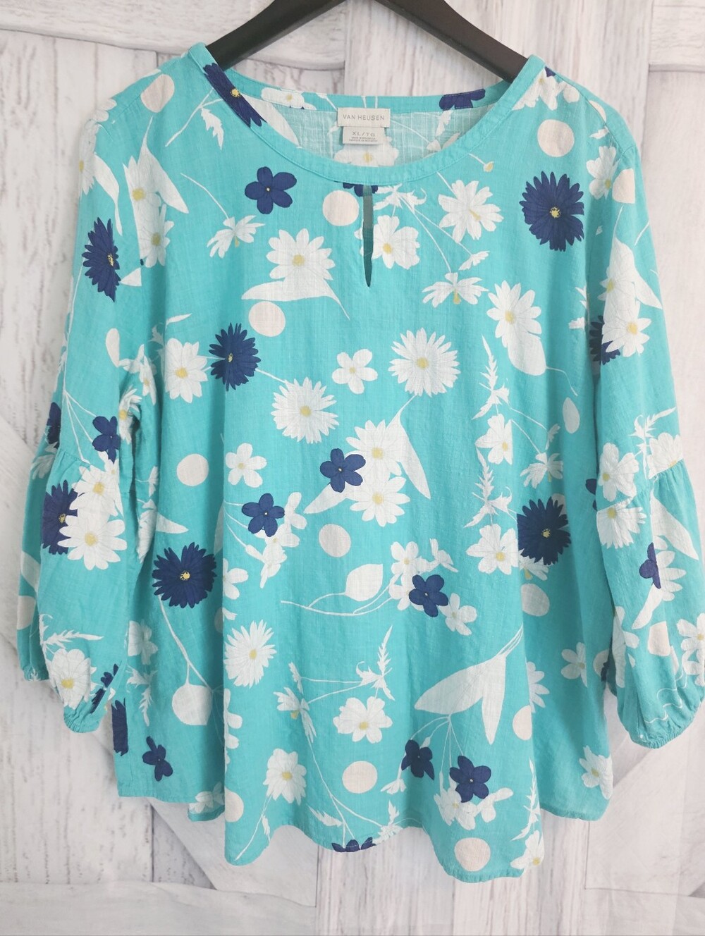 Van Heusen Floral Cotton Blend Peasant Blouse XL Aqua Blue White